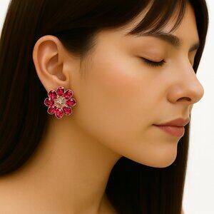 Red Floral Crystal Statement Earrings – Dazzling Gold Pink Flower Hypoallergenic